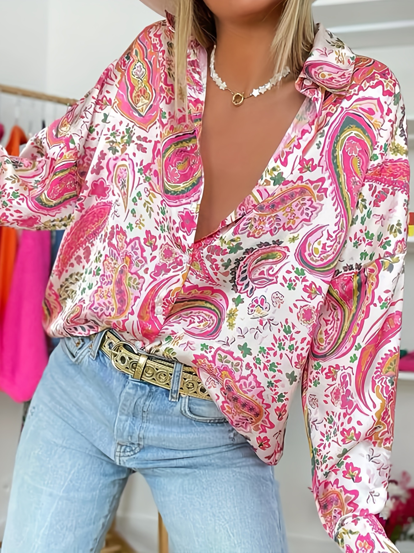 paisley print collar shirt casual long sleeve shirt for spring fall womens clothing details 1
