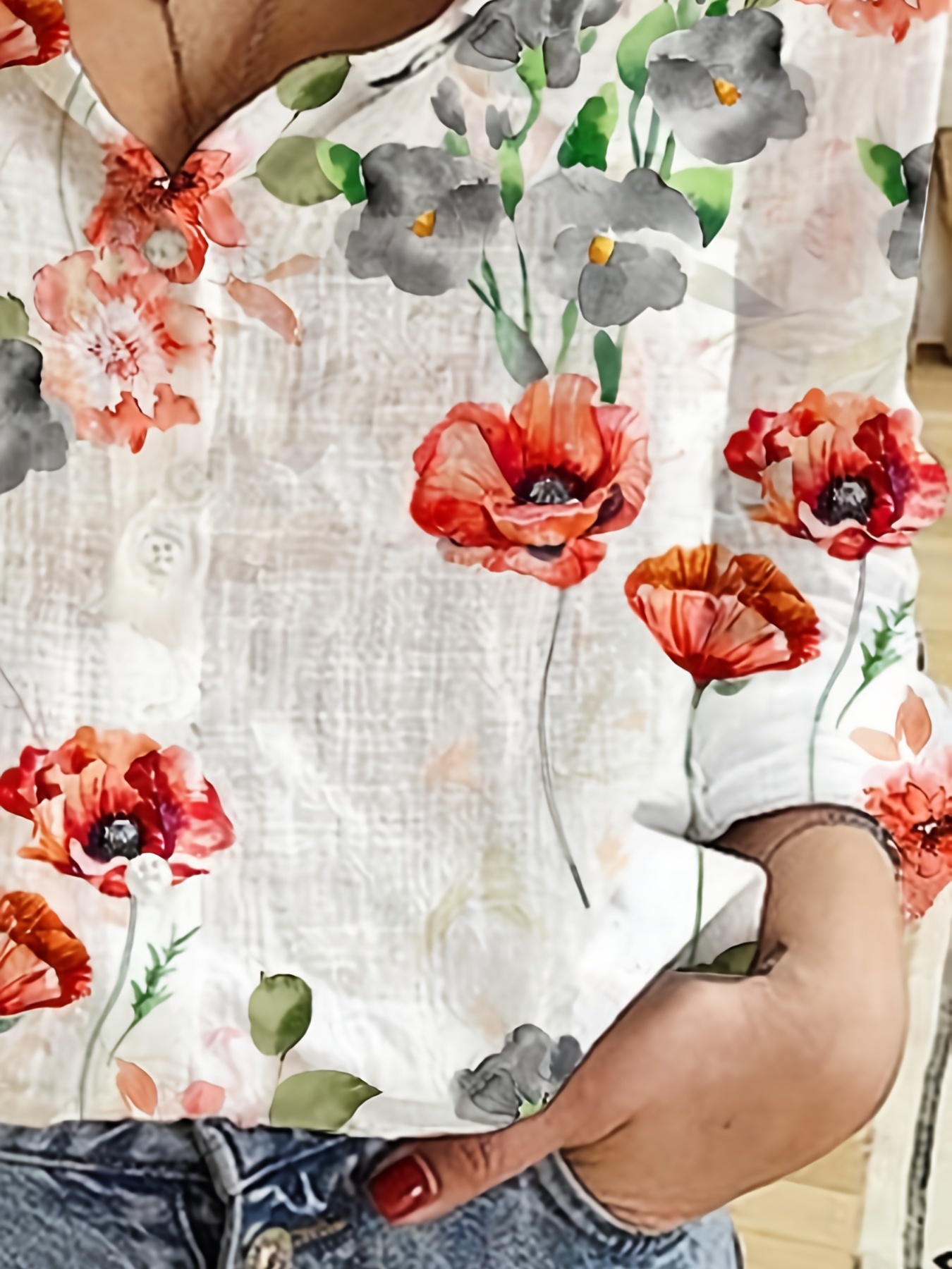 floral print collar button shirt casual long sleeve shirt for spring fall womens clothing details 0